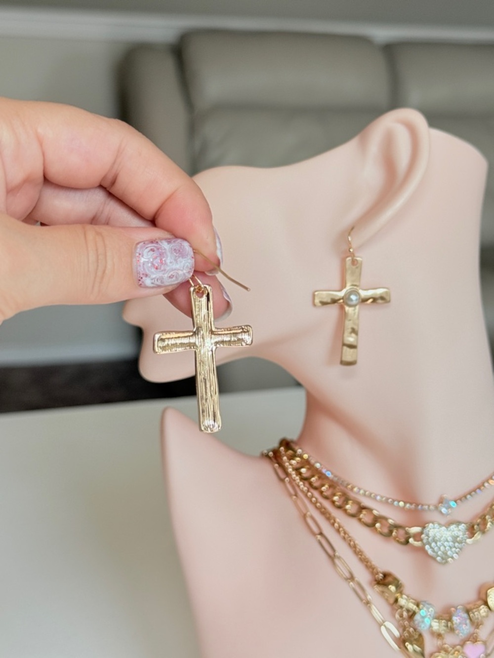 Gold Cross Dangle Earring with Center Accent - Picture 6 of 11